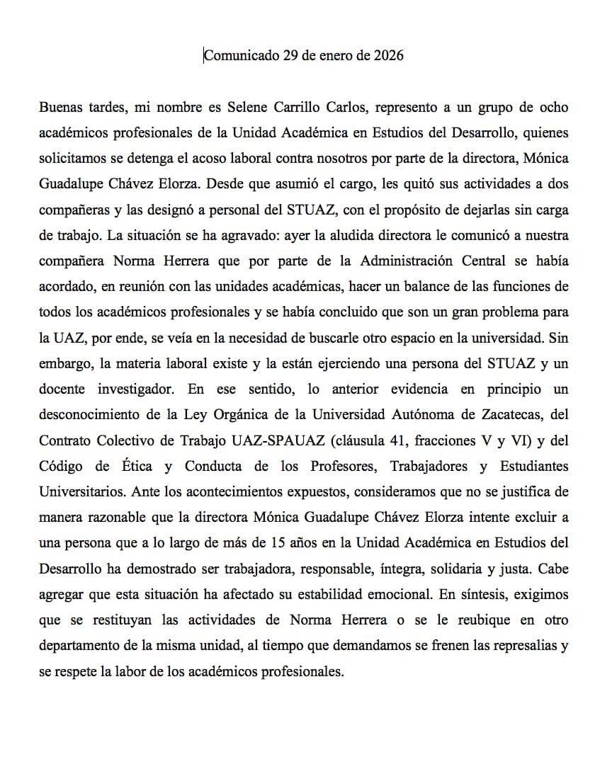 DENUNCIAN ACOSO LABORAL EN UAED DE LA UAZ