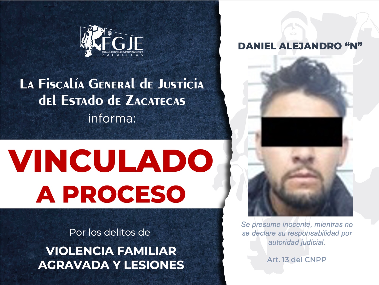 Vincula FGJEZ a proceso por violencia familiar